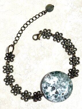 2/$20, Genuine White Green Tree Agate Bracelet, Gemstone + Antique Bronze Flower